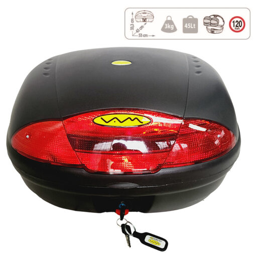 BAUL porta objetos mod. VAM45, medida 530x430x333 / para 2 cascos, con tope de apertura, base desmontable, respaldar y reflectivo trasero.