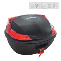 BAUL porta objetos mod. FIRE37, medida 495x440x330 / para 1 casco, con tope de apertura, base desmontable y doble reflectivo trasero.