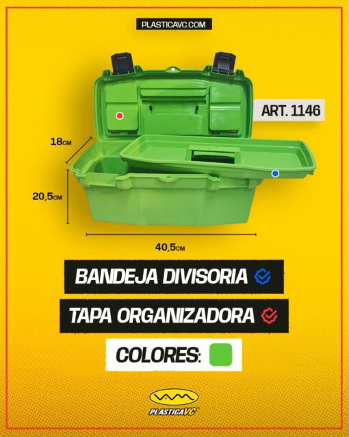 Caja pesca con Calco "16 - 40,5x20,5x18 - color verde con bandeja divisoria y tapa organizadora - Imagen 2